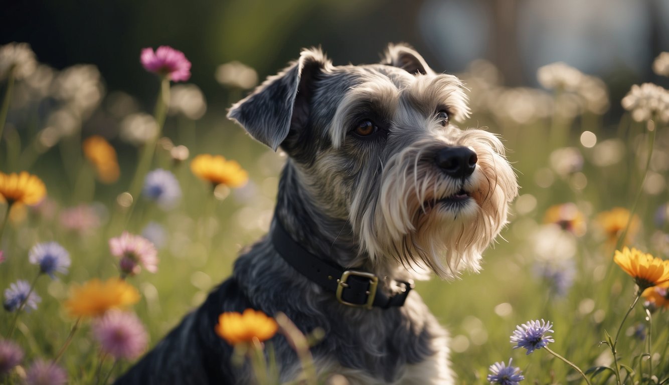 A schnauzer dog sits on a grassy field, surrounded by colorful flowers, with a gentle breeze blowing its fur