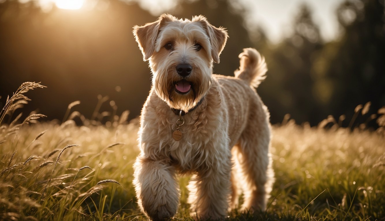A Soft Coated Wheaten Terrier stands in a sunlit field, its fluffy hypoallergenic coat catching the light as it playfully romps through the grass