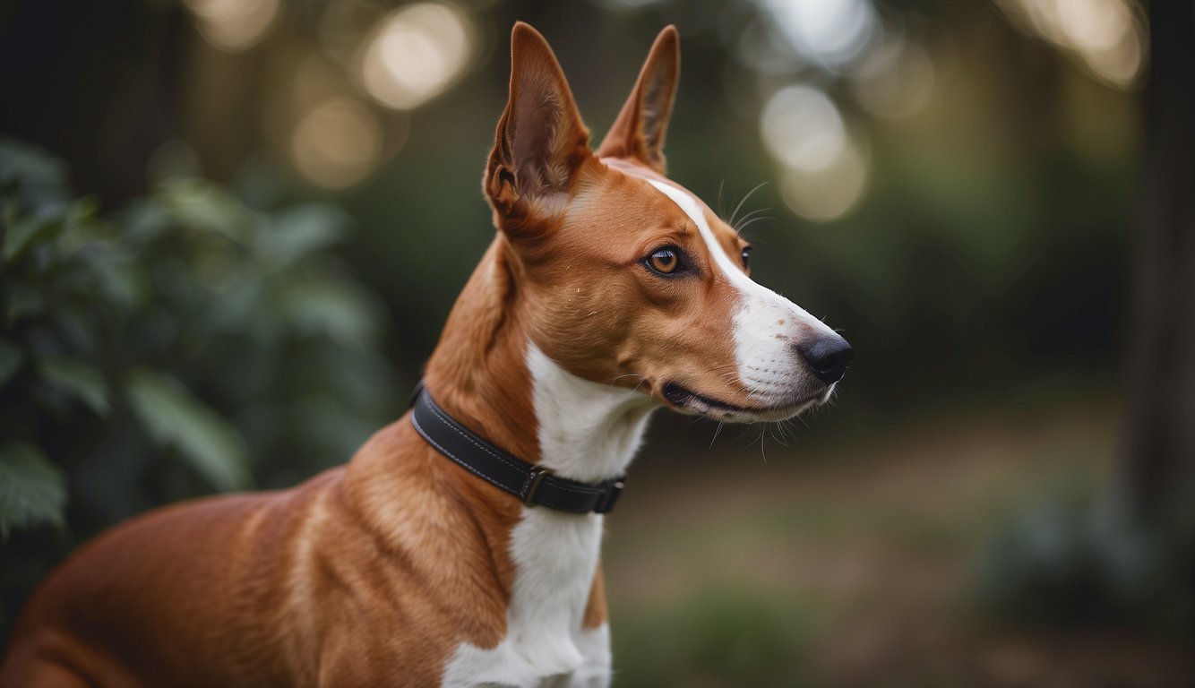 A Basenji dog stands alert, with erect ears and a curled tail. Its short coat is smooth and shiny, and its almond-shaped eyes exude intelligence and curiosity