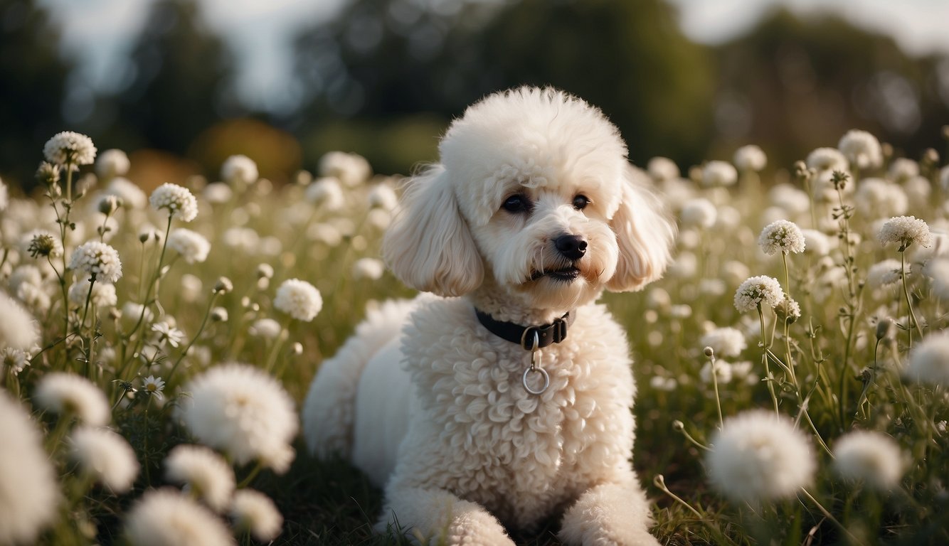 A fluffy white poodle sits calmly, surrounded by a field of flowers. Its fur is soft and its eyes are gentle, exuding a sense of calm and comfort