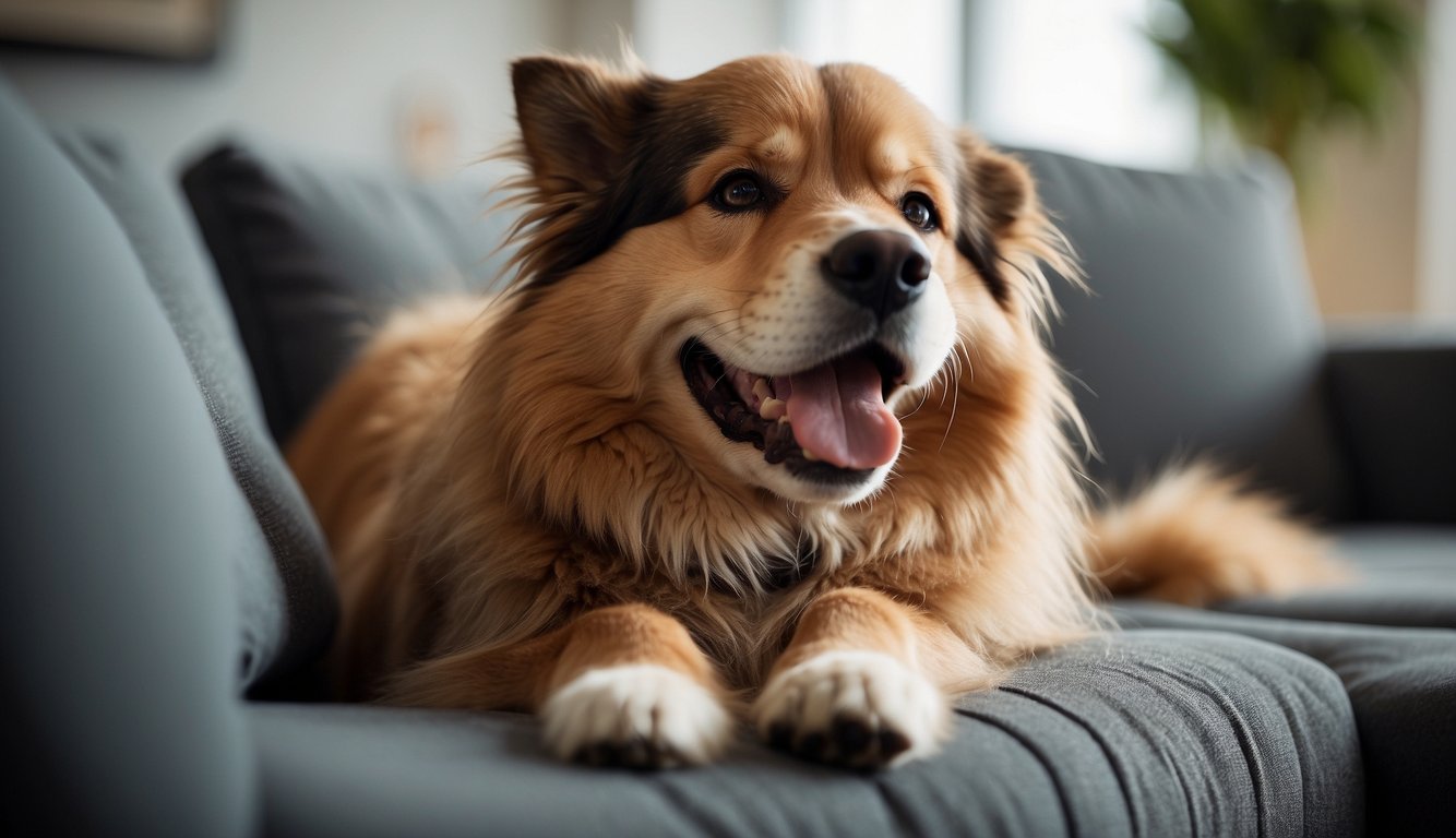 A fluffy, non-shedding dog lounges on a clean, allergy-free sofa. A smiling family plays happily without sneezing or itching
