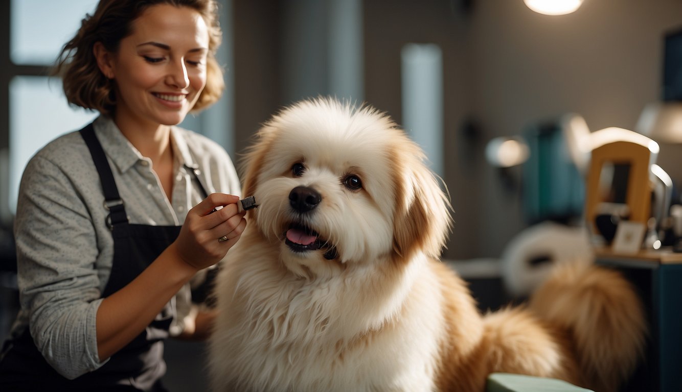 A person grooming a fluffy, hypoallergenic dog with a gentle brush and trimming its fur with scissors. The dog looks content and relaxed