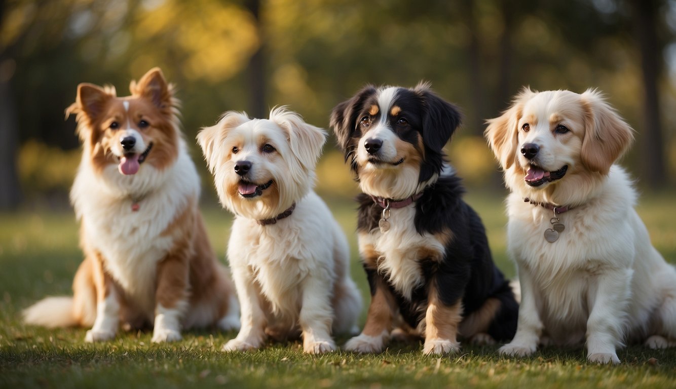 A variety of hypoallergenic dogs sit or stand in a group, displaying different sizes, colors, and coat types. They appear calm and friendly, with no signs of shedding or allergens