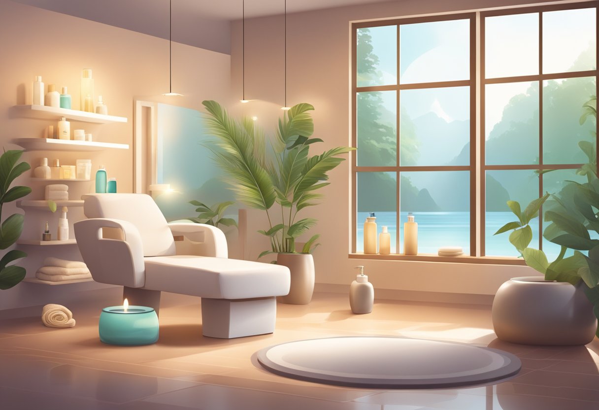 A serene spa room with soft lighting, a comfortable facial chair, and shelves of skincare products. A tranquil ambiance with soothing music and the sound of running water completes the scene