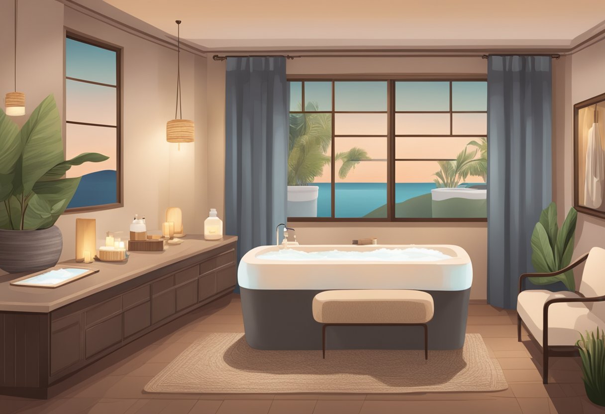 A serene spa room with a cozy atmosphere, soft lighting, and plush seating. A table displays skincare products and a sign advertises "Best Chula Vista Facial."