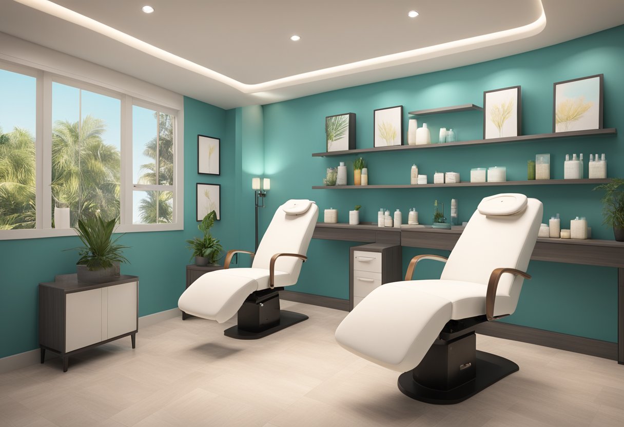 A serene spa room with a comfortable treatment chair, soft lighting, and shelves stocked with skincare products for Chula Vista Hydrafacials