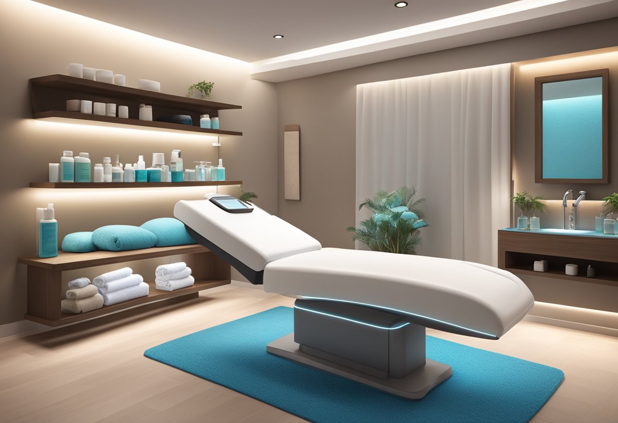 A serene spa room with a comfortable treatment bed, soft lighting, and shelves of skincare products. A professional hydrafacial machine stands ready for use