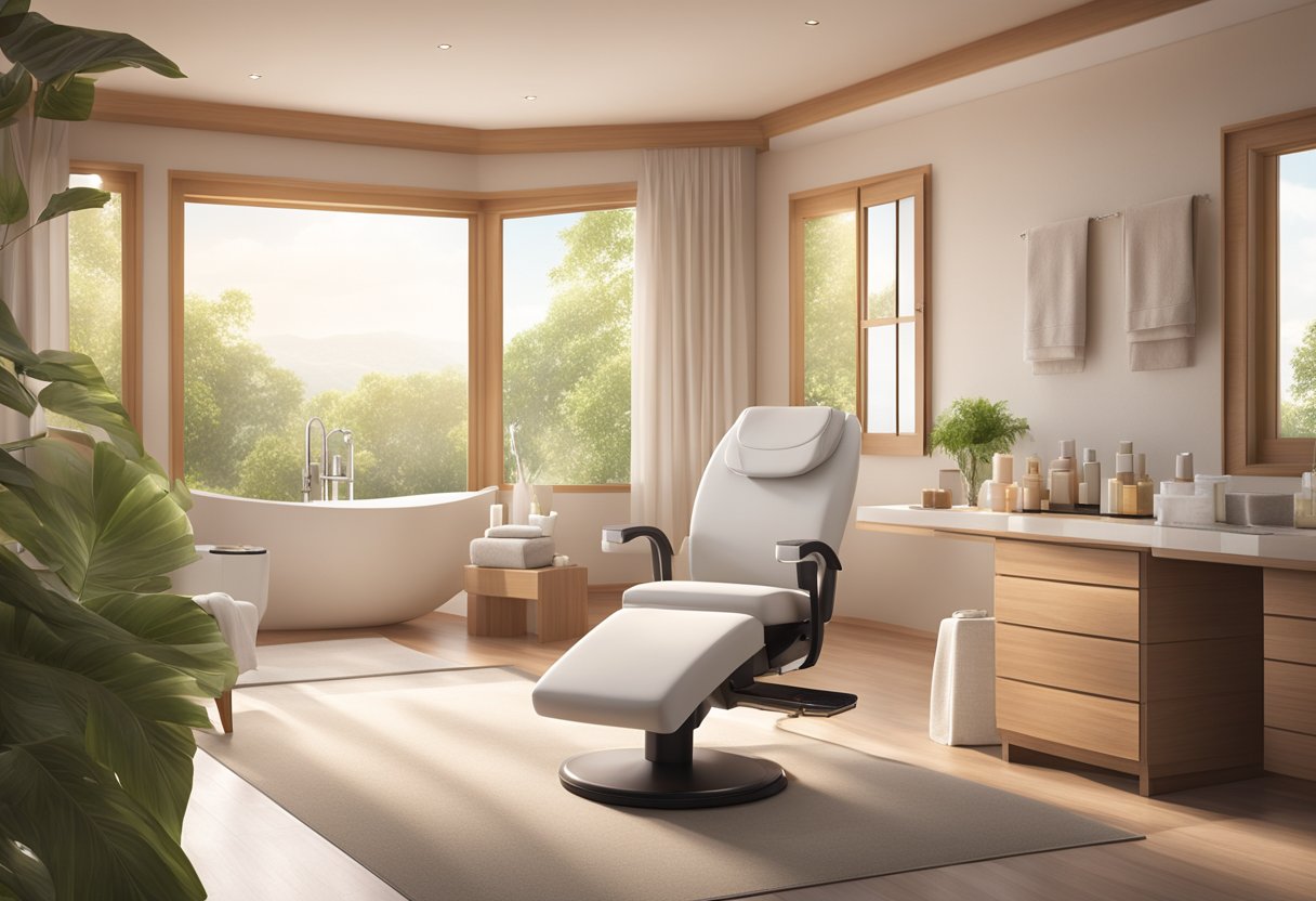 A serene spa room with a comfortable treatment chair, soft lighting, and a display of skincare products