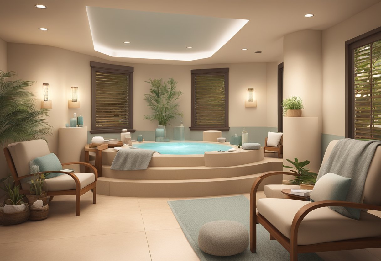 A serene spa room in Chula Vista, with soft lighting and comfortable seating, showcasing a variety of skincare products and equipment for facials