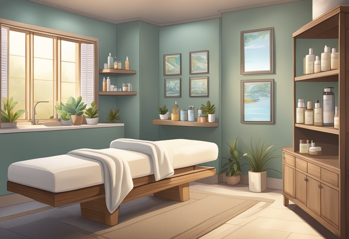 The scene depicts a serene spa room with soft lighting, a comfortable facial bed, and shelves of skincare products in Chula Vista, CA