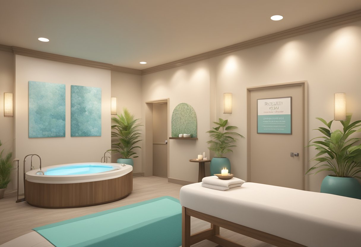 A serene spa room with soft lighting and calming decor. A sign on the wall reads "Frequently Asked Questions Facials in Chula Vista, CA"