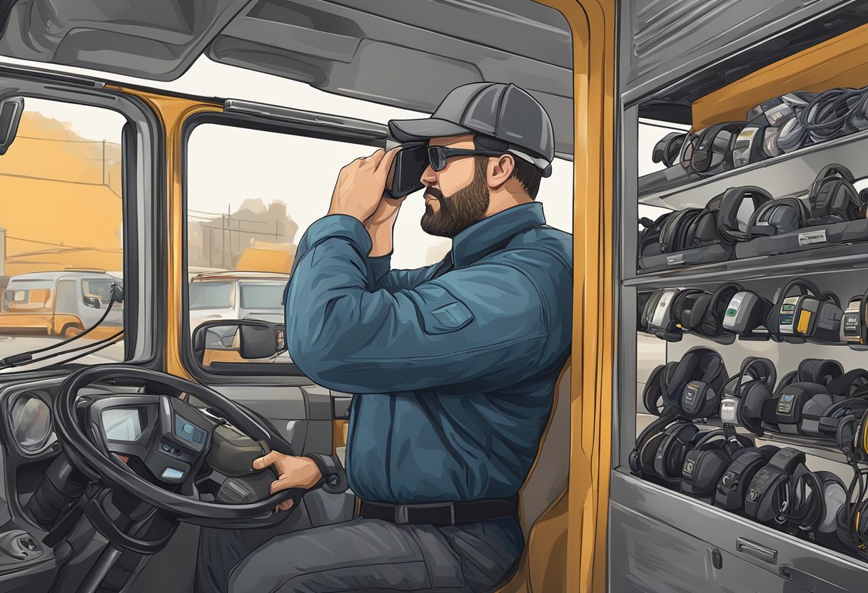 A truck driver carefully examines top headsets on display, seeking the best for safety and communication on the road