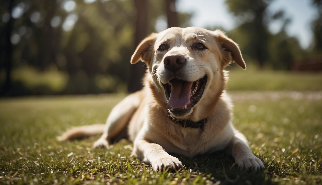 A panting dog with open mouth, tongue hanging out, and drooling excessively on the ground, showing signs of heat stroke