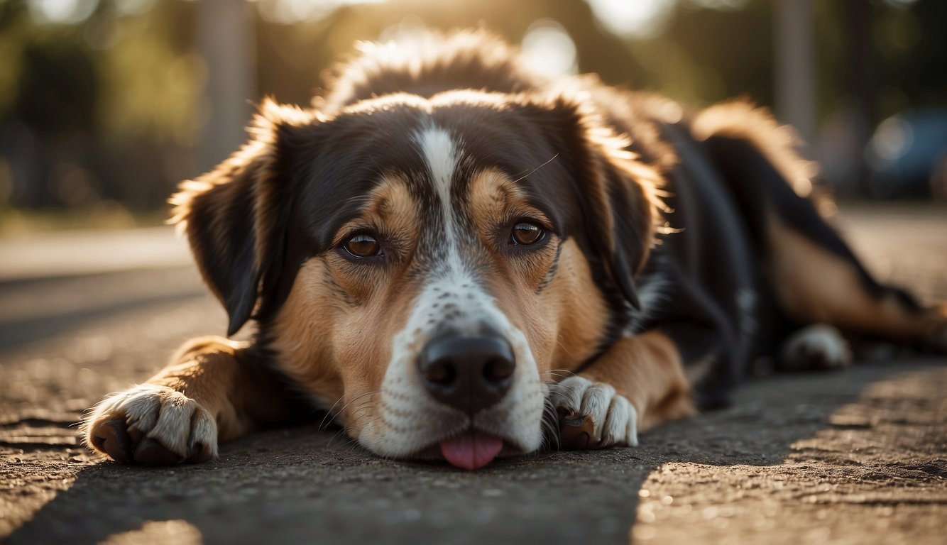 A dog lying on the ground, panting heavily with a drooping tongue and twitching limbs, under the scorching sun