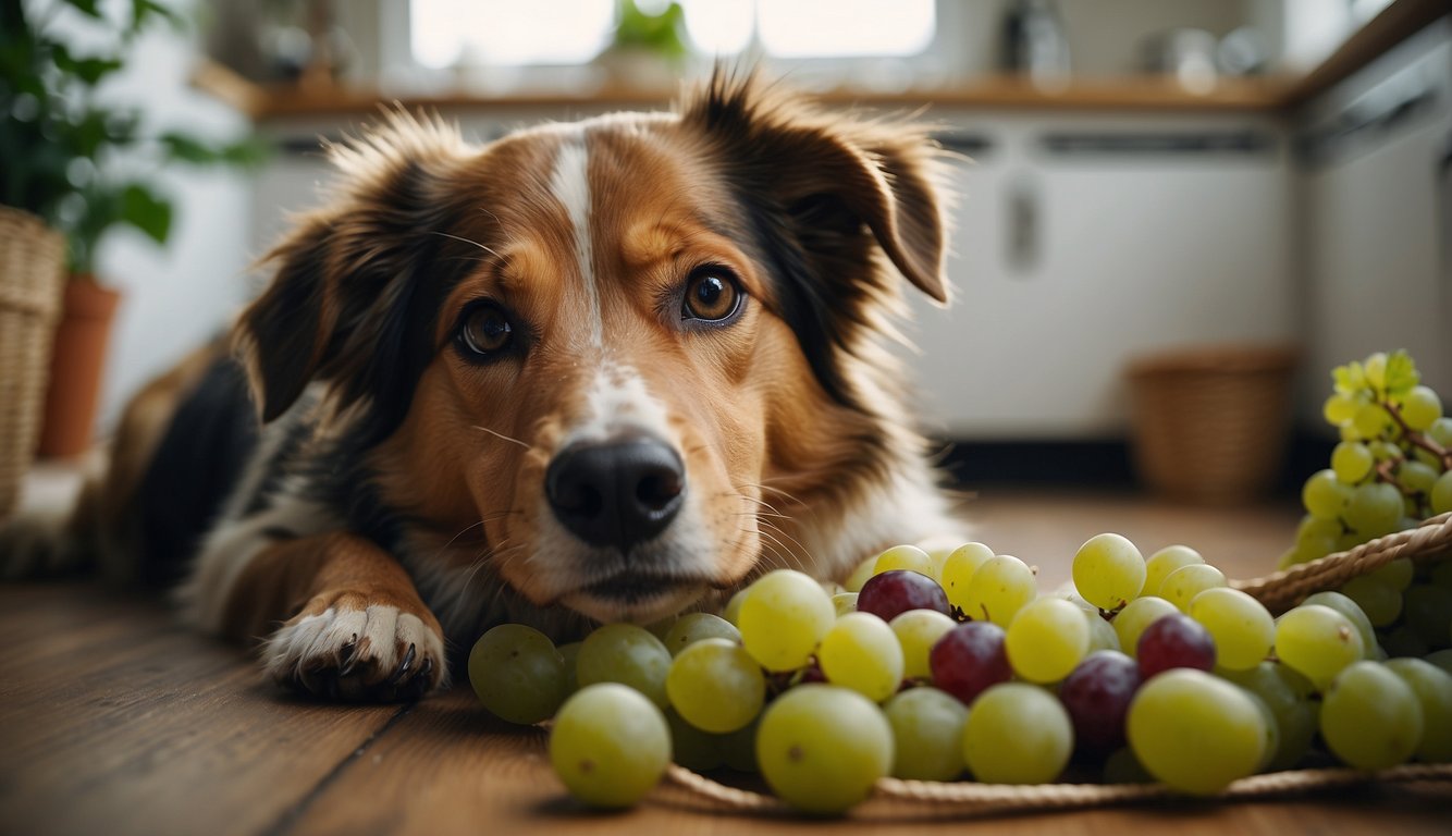 A dog eagerly eats grapes from a spilled basket on the kitchen floor