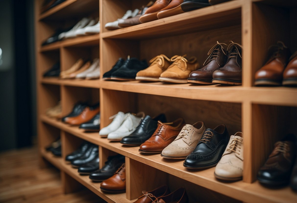 Shoes neatly arranged in various storage solutions by the entryway