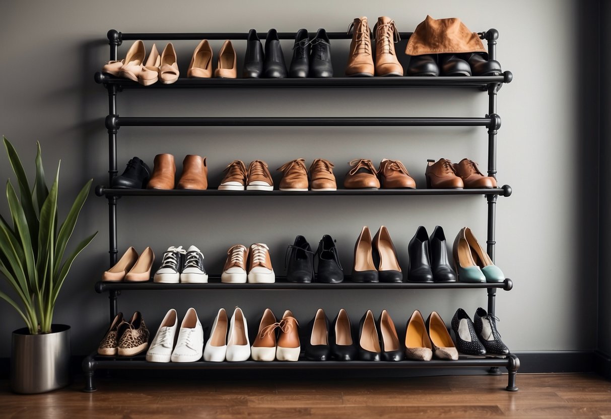 A wall-mounted industrial pipe shoe rack with 16 shelves, filled with various pairs of shoes, neatly organized in an entryway