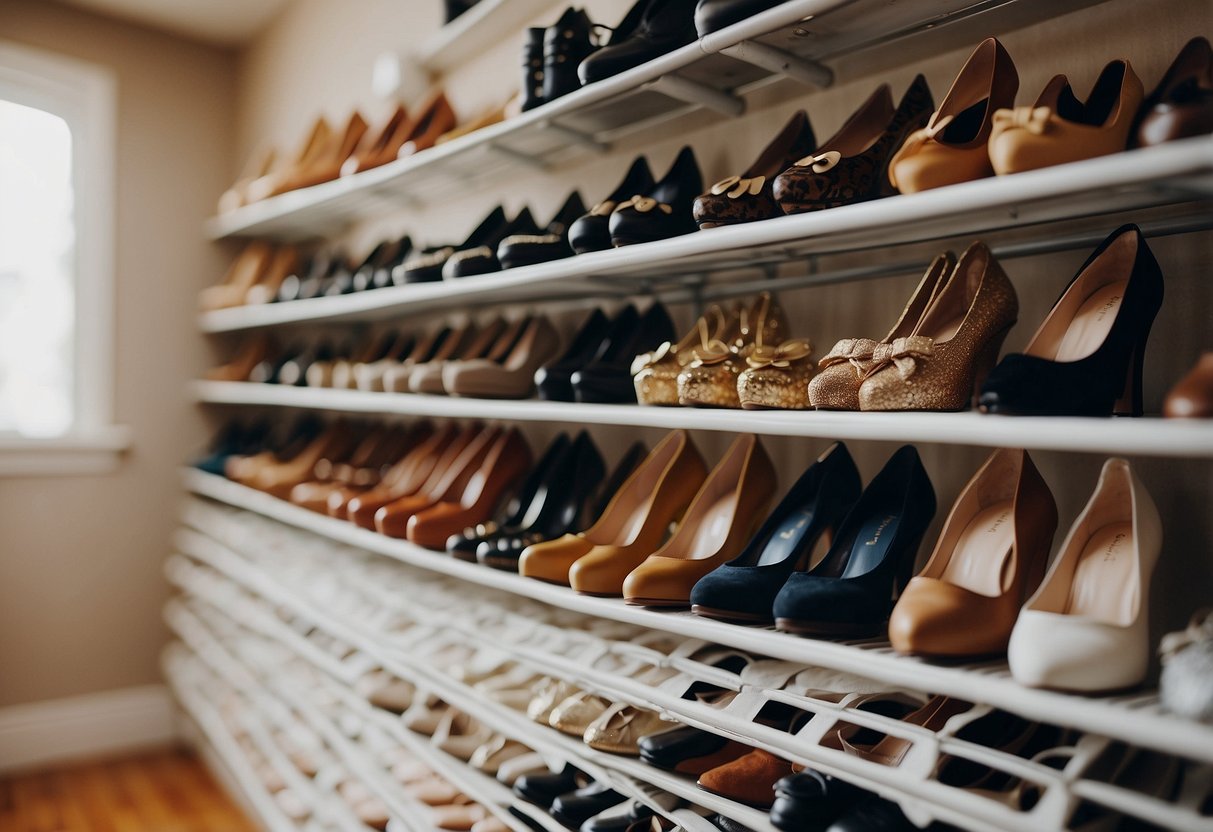 A row of hanging shoe shelves filled with various pairs of shoes, neatly organized in an entryway