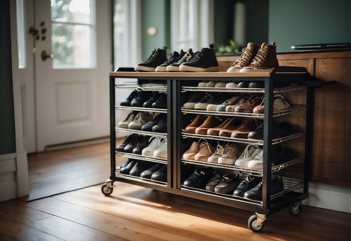 A rolling shoe cart sits in a tidy entryway, surrounded by 16 clever shoe storage solutions