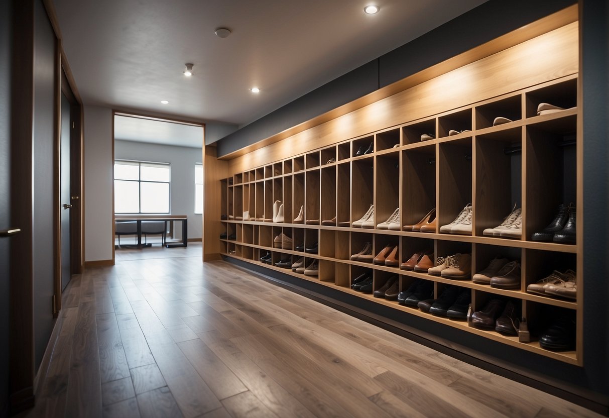 A row of 16 customized cubby slots, each neatly storing a pair of shoes in an organized entryway