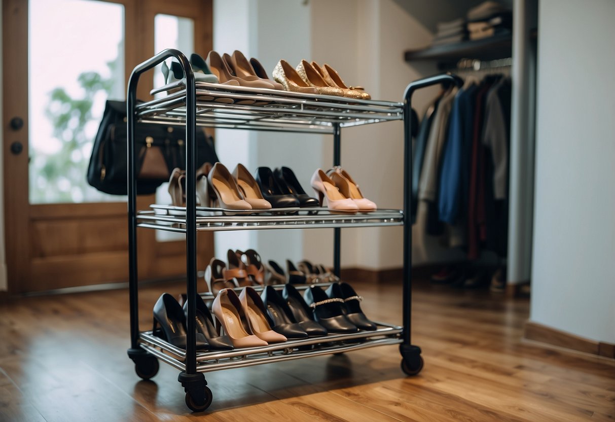 A metal shoe trolley sits in a tidy entryway, filled with neatly organized shoes. Nearby, a variety of shoe storage ideas are displayed