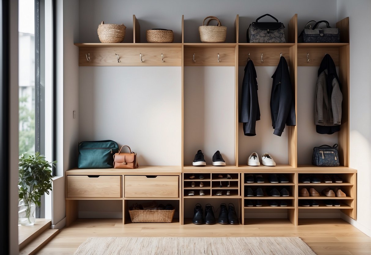 A tidy entryway with various shoe storage options: shelves, cubbies, and benches with hidden compartments. Bright lighting and a clean, organized space