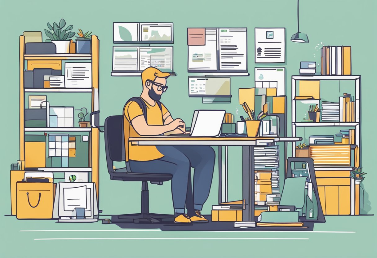 A busy service-based business owner updating their Google Business Profile with a laptop and phone on a cluttered desk