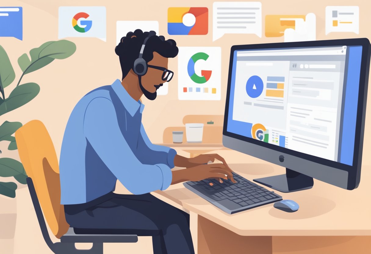 A service-based business owner typing on a computer, with a Google Business Profile displayed on the screen, while messaging with customers