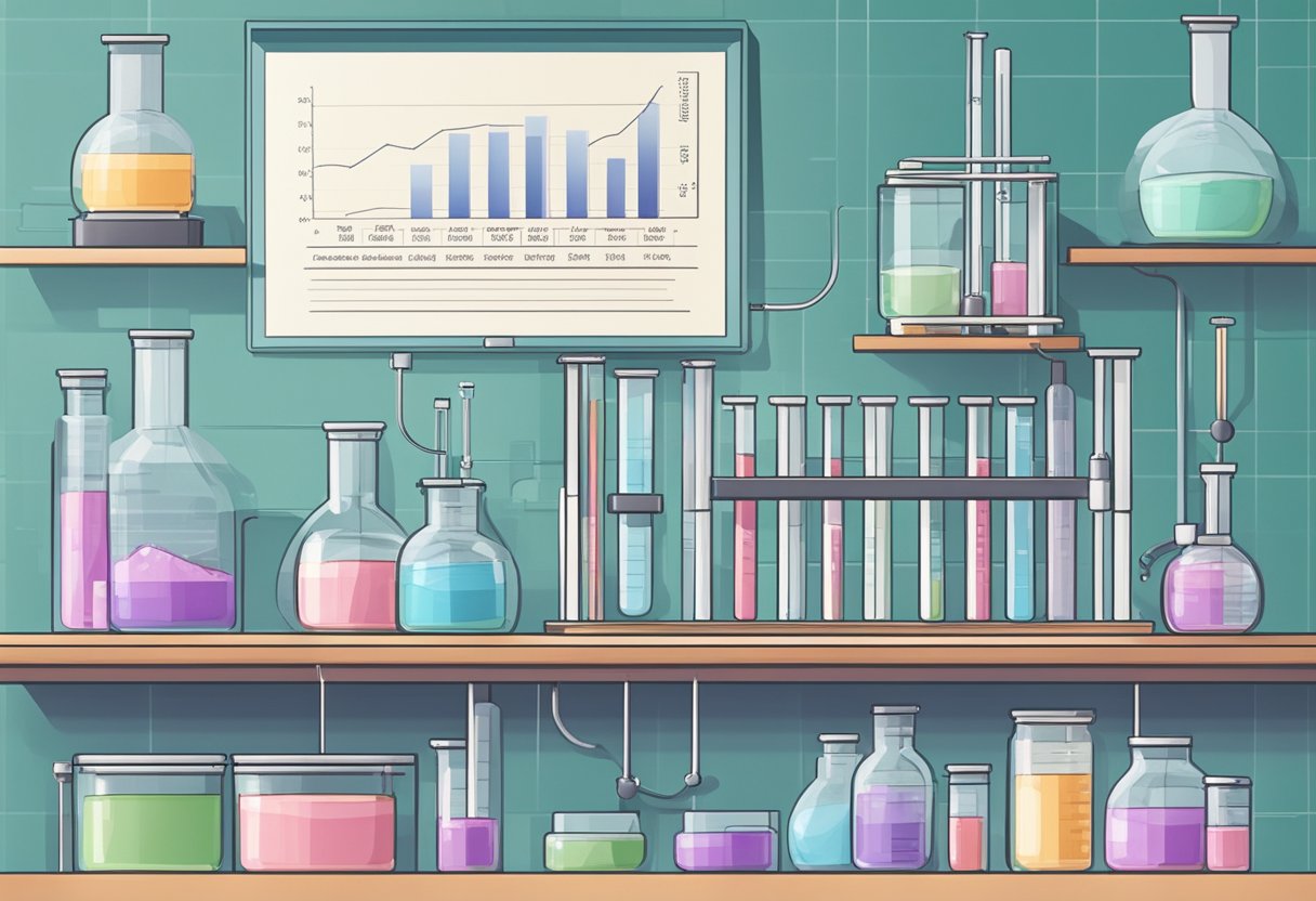 A laboratory setting with test tubes, equipment, and a chart showing elevated homocysteine levels in women's health