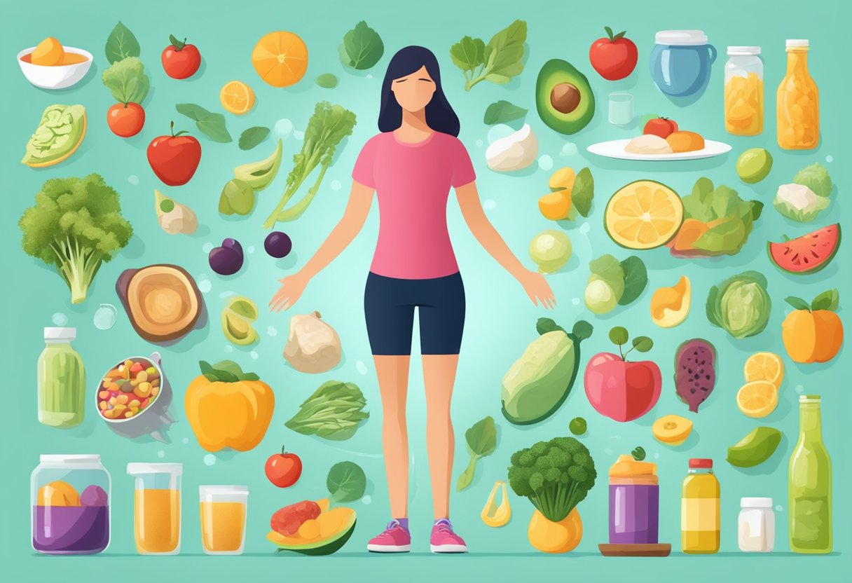 A female figure surrounded by healthy and unhealthy lifestyle choices, with symbols representing long-term complications of high homocysteine levels