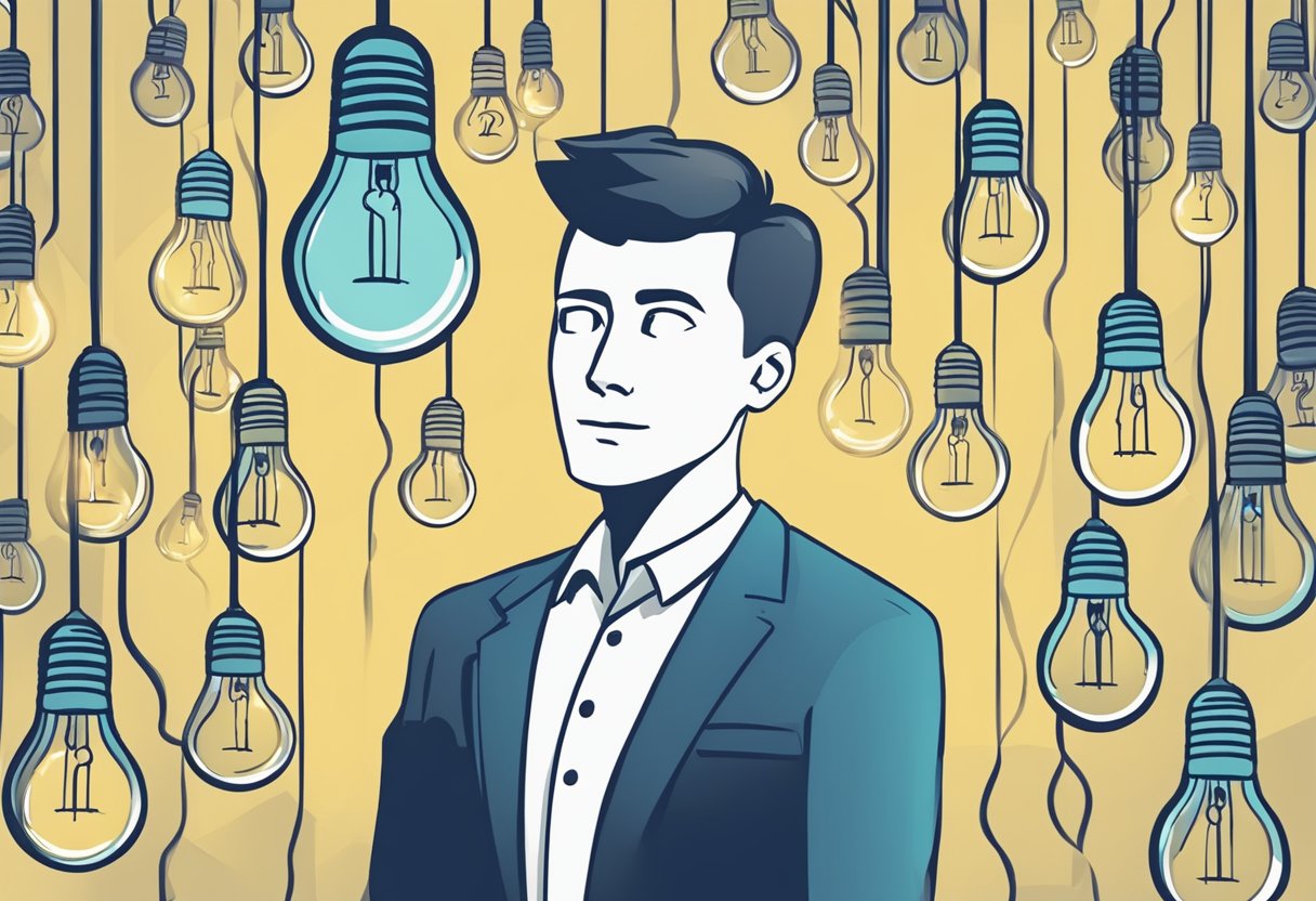 A business owner surrounded by question marks, with a light bulb overhead, symbolizing the adoption of a growth mindset