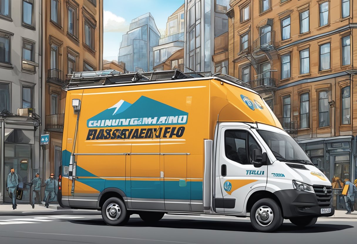 A technician's van speeds down a bustling city street, adorned with company branding and equipped with ladders and tools for efficient field services