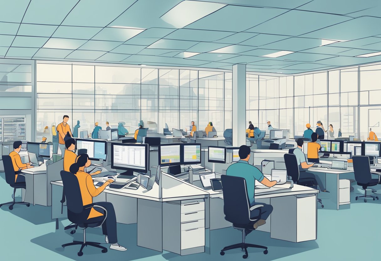 A bustling office with employees coordinating schedules and dispatching technicians to various locations. Digital systems and communication tools streamline operations for efficient scaling