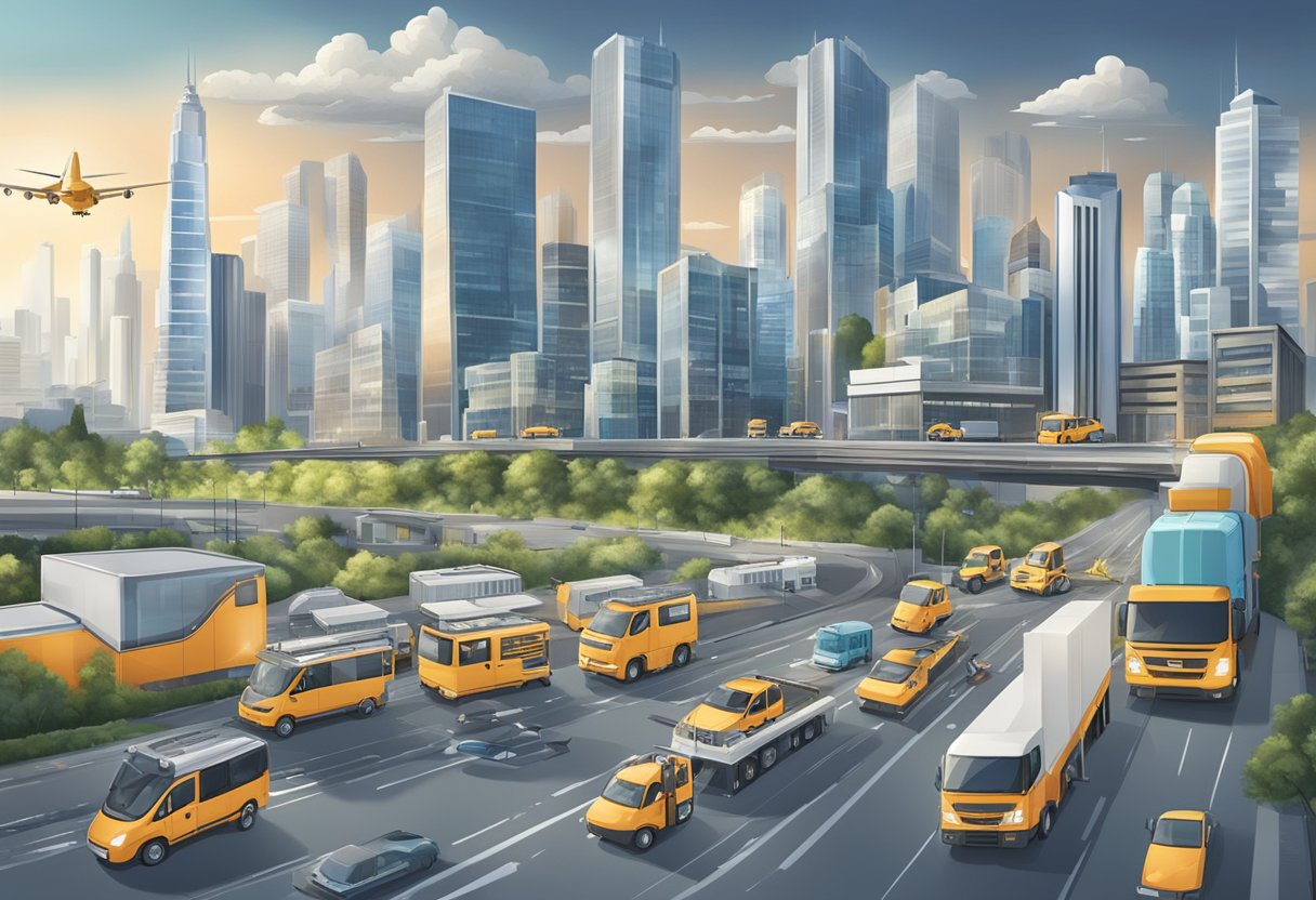 A bustling cityscape with skyscrapers and service vehicles moving efficiently, symbolizing growth and expansion in the field services industry