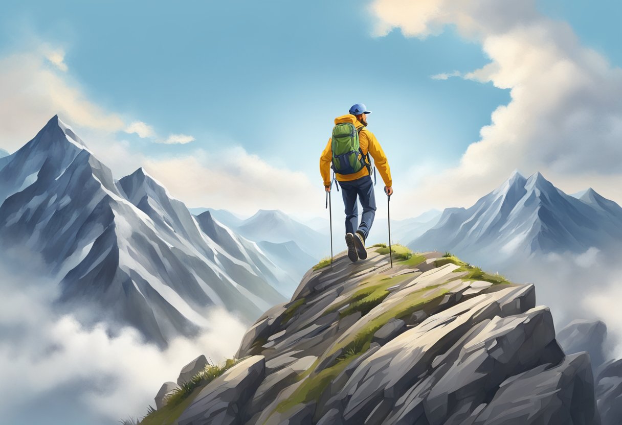 A mountain climber reaching the summit, with a clear path leading upwards, symbolizing success and growth in consulting business