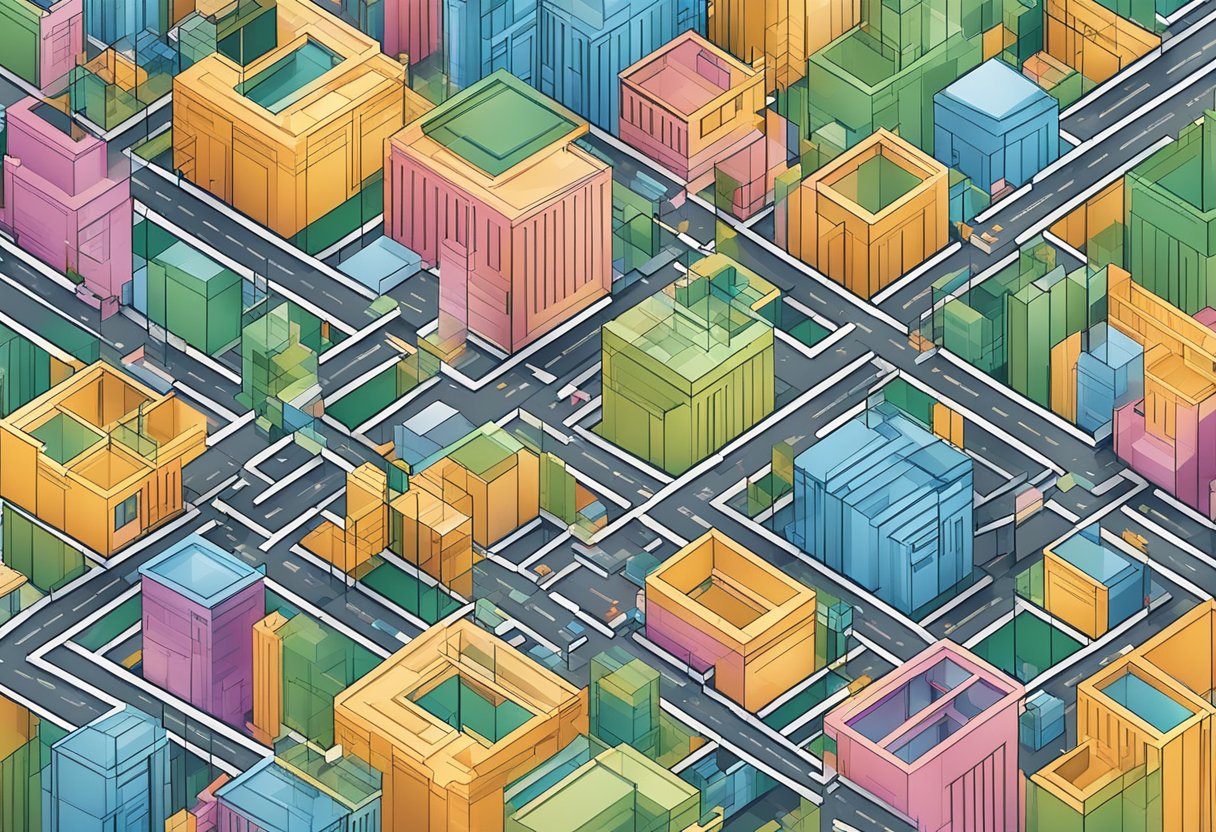 A group of interconnected buildings forming a network, with lines representing communication and engagement between them