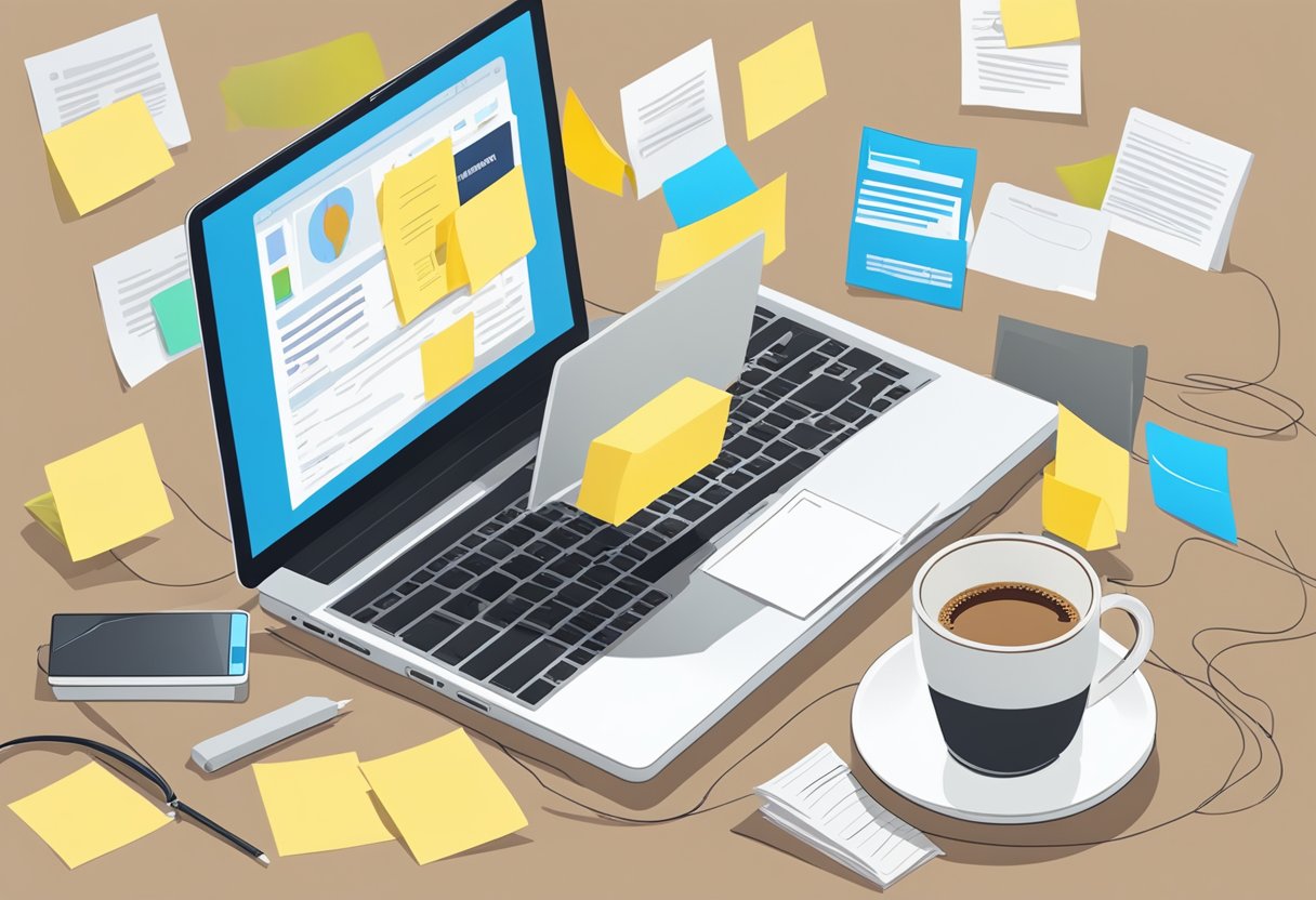 A laptop open to a LinkedIn profile, surrounded by sticky notes with networking tips. A cup of coffee sits nearby