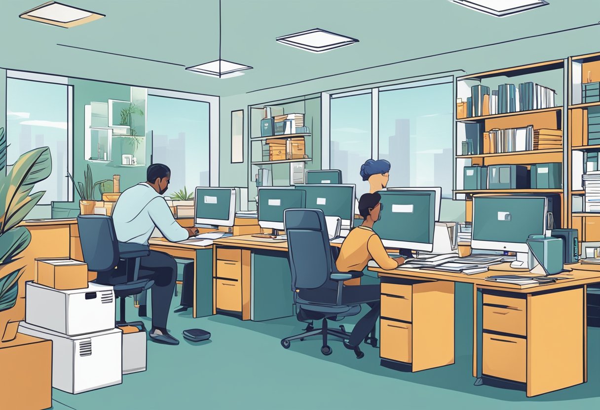 A bustling home care agency office with phones ringing, files stacked, and a team of professionals working efficiently