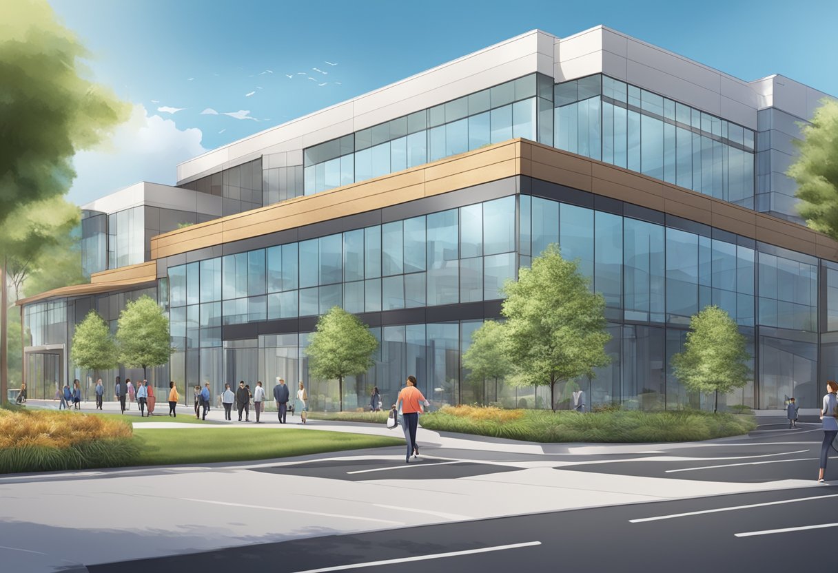 A bustling in-home care business with a growing brand, depicted through a modern office building with a prominent logo and a steady stream of clients entering