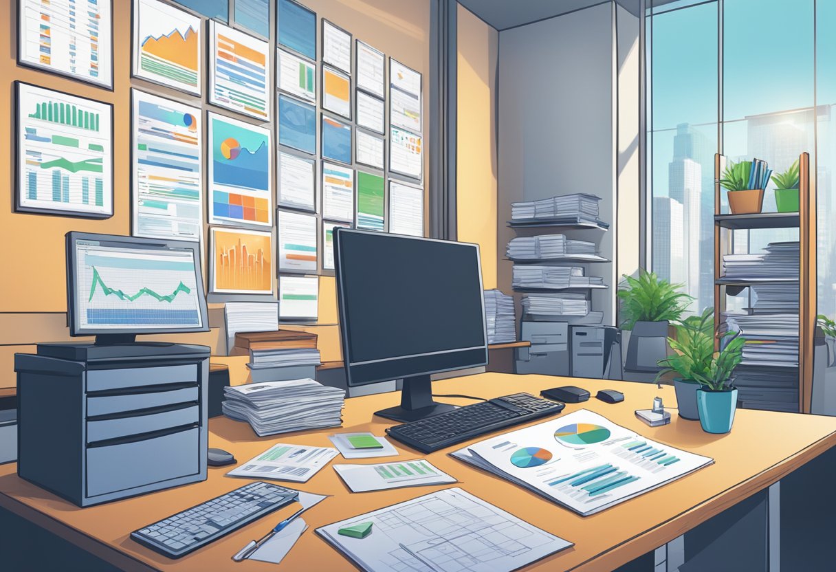 A bustling office with charts and graphs on the walls, a computer with financial software open, and a stack of invoices waiting to be processed