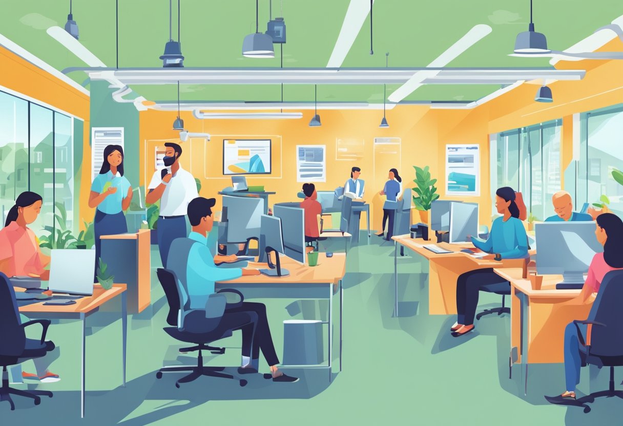 A bustling office with people on phones, computers, and holding meetings. Bright, energetic atmosphere. Signs and posters promoting in-home care business growth