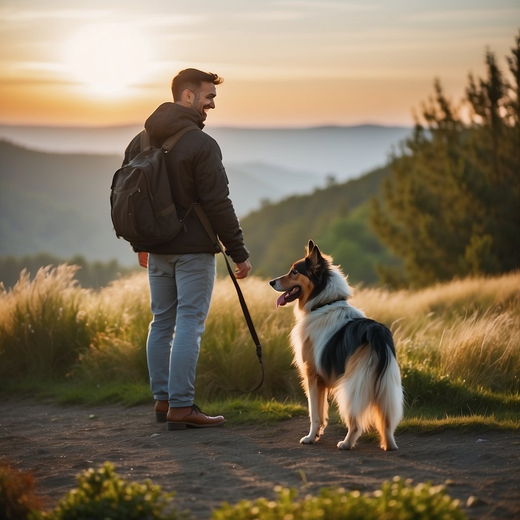 A loyal dog stands by a smiling man, wagging its tail. They are surrounded by a beautiful landscape, showcasing their strong bond and companionship