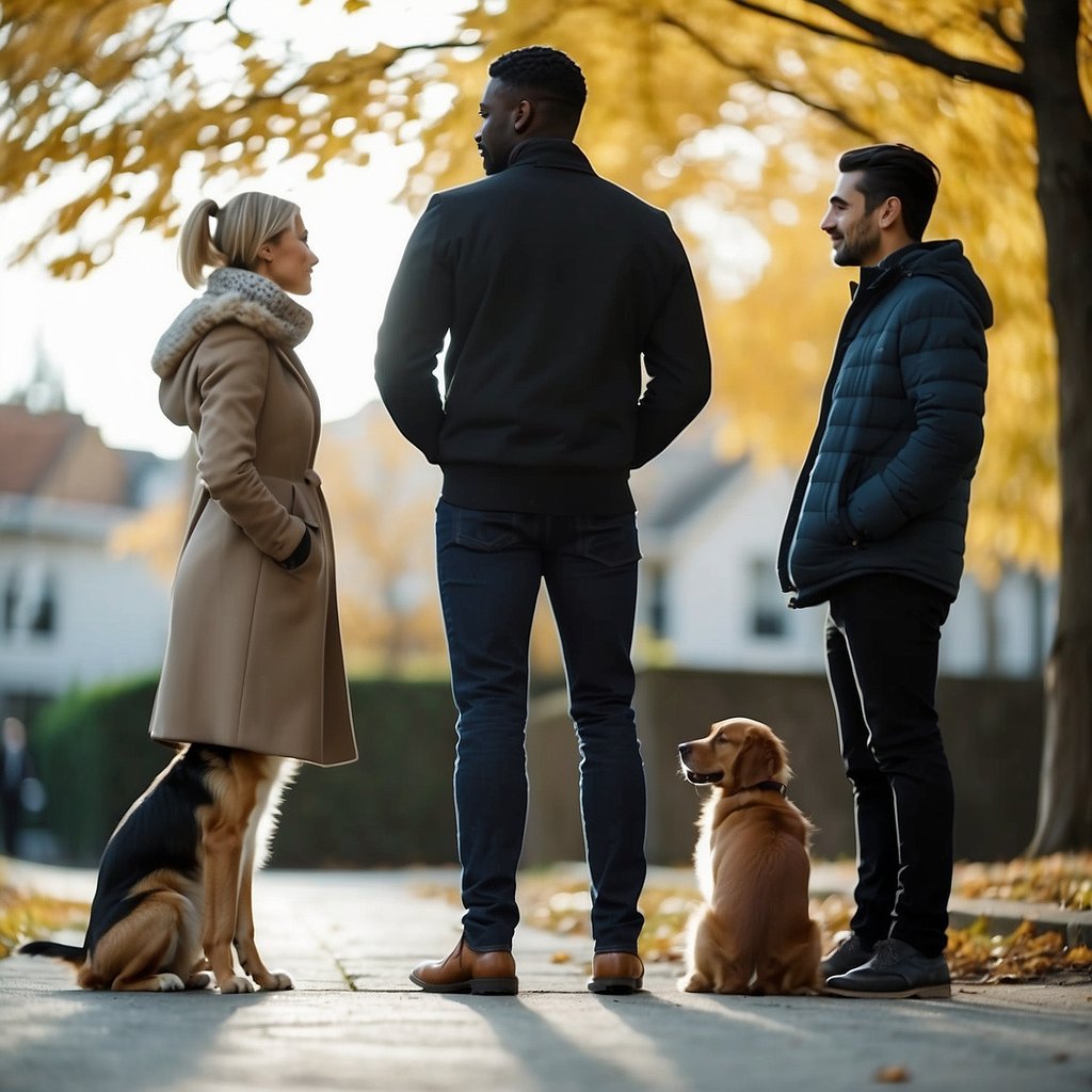Dogs and humans stand side by side, gazing at each other with trust and loyalty. A bond of friendship and companionship is evident in their body language