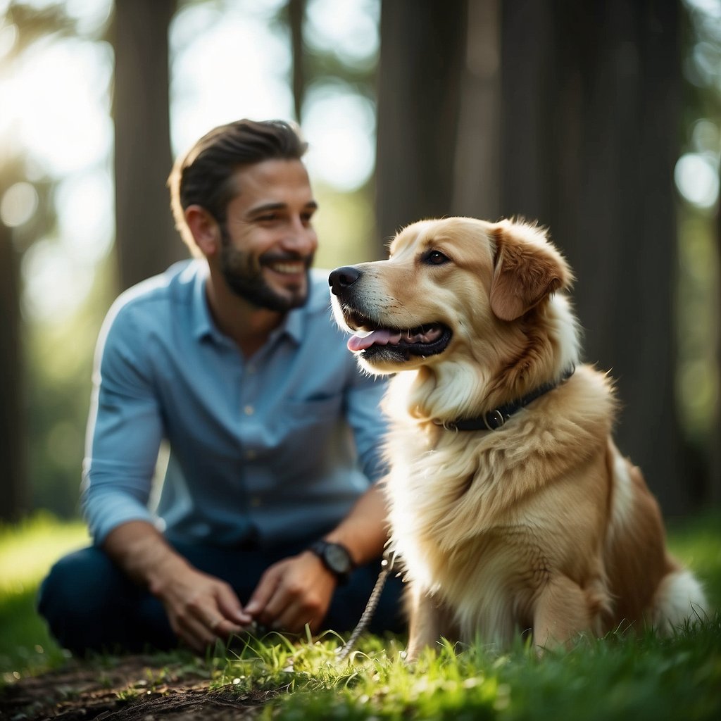 A loyal dog sits beside a content man, gazing up at him with adoration. Their bond is evident in the way they interact, conveying the deep emotional connection between man and his best friend