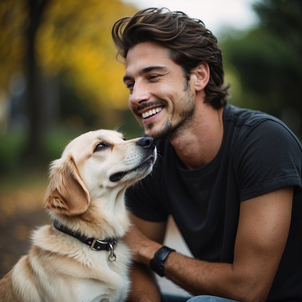 A dog and a person sitting together, gazing into each other's eyes with a look of mutual affection and trust. The dog's tail is wagging happily