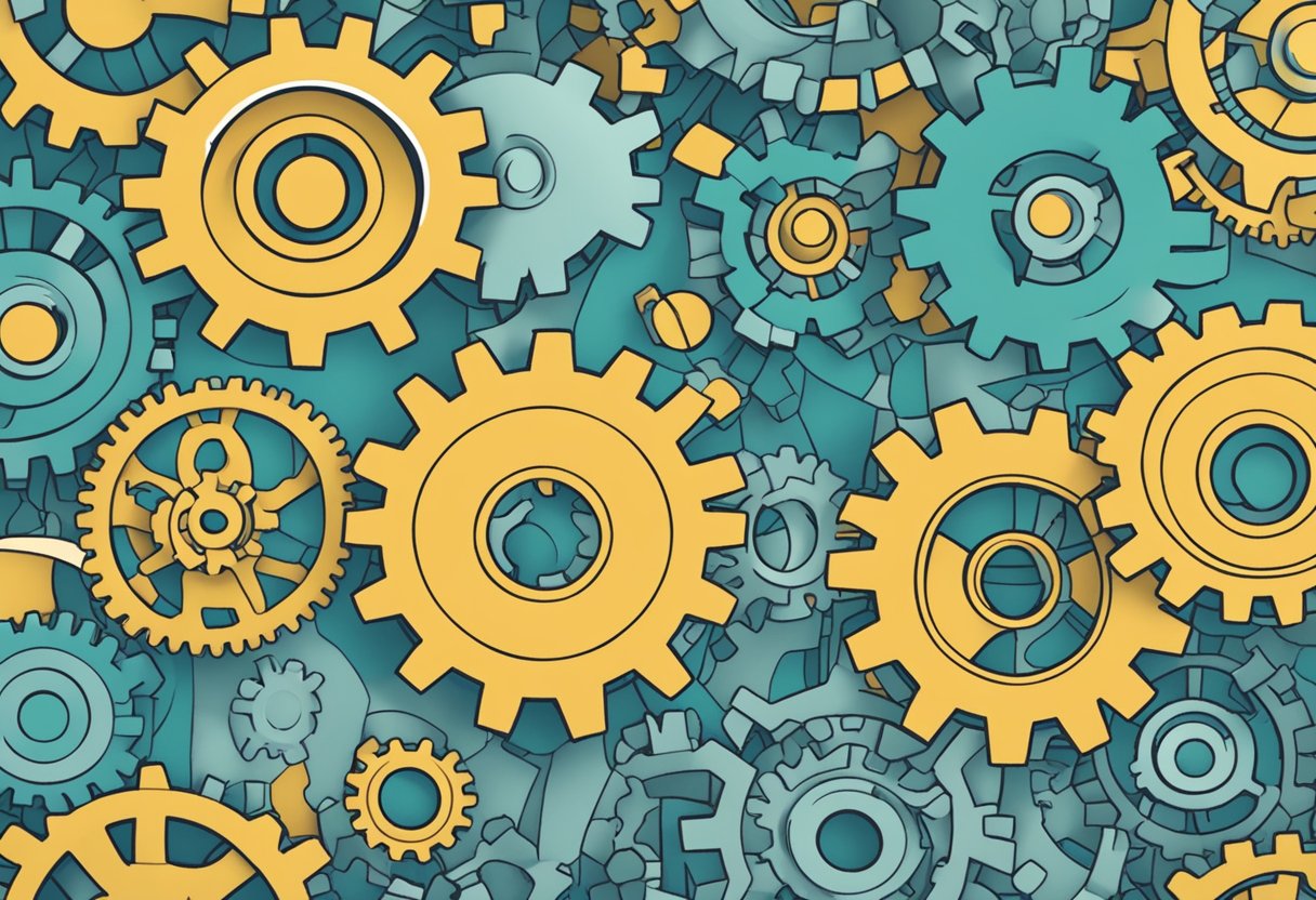 A network of interconnected gears symbolizing effective networking strategies for service-based businesses through referrals and partnerships