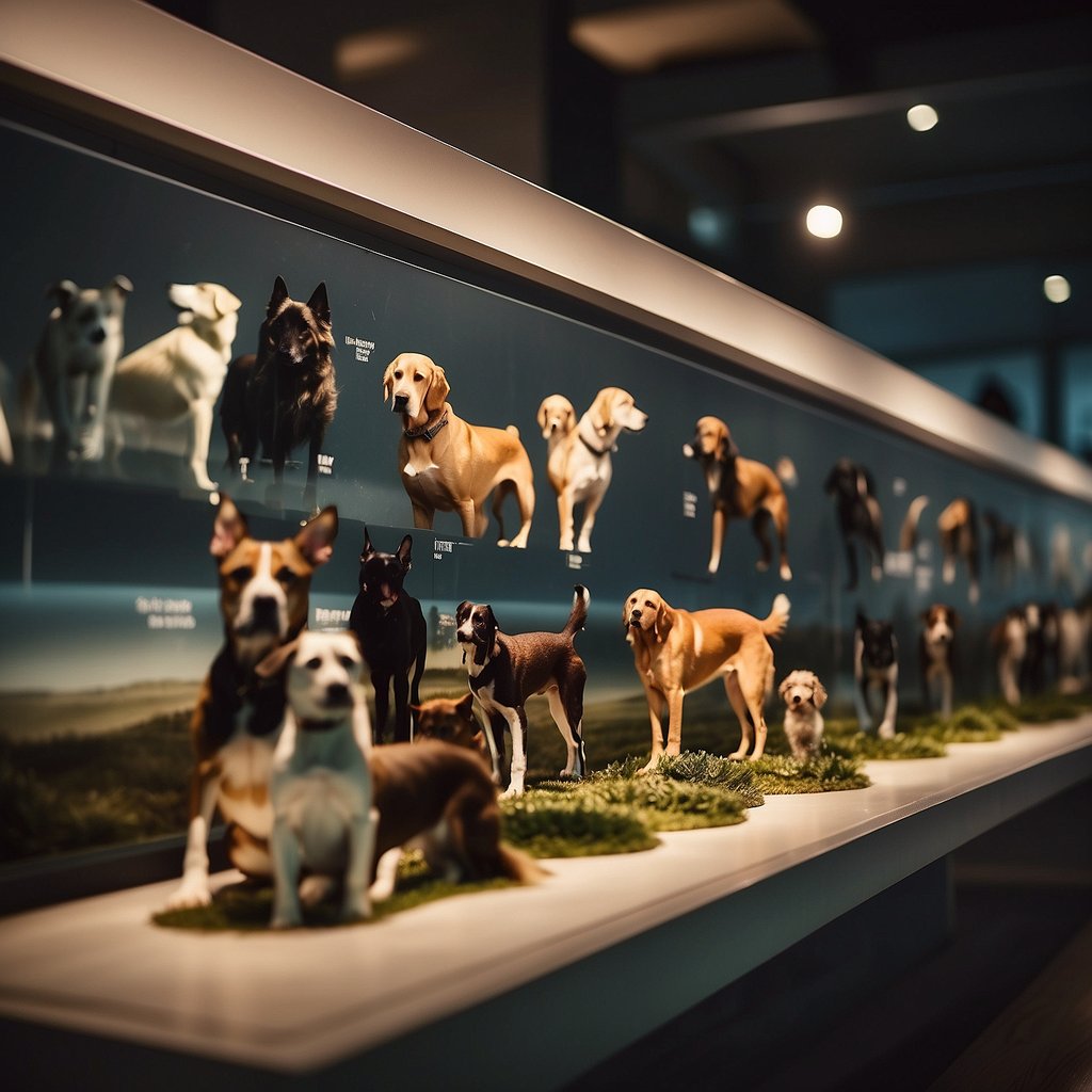 A timeline of dog ownership, from ancient hunting companions to modern-day pets, displayed with historical artifacts and images