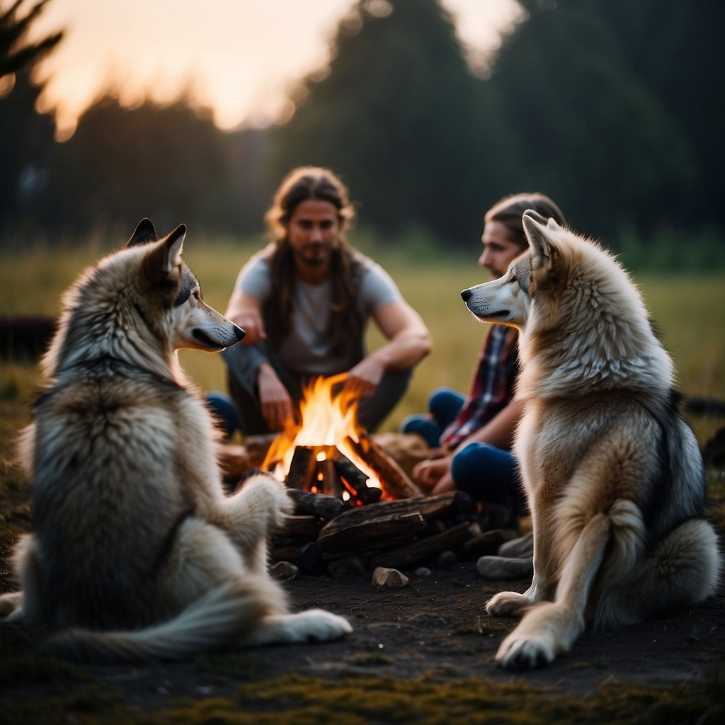 A group of early humans sit around a campfire, surrounded by friendly wolves. They share food and warmth, forming the beginning of a symbiotic relationship