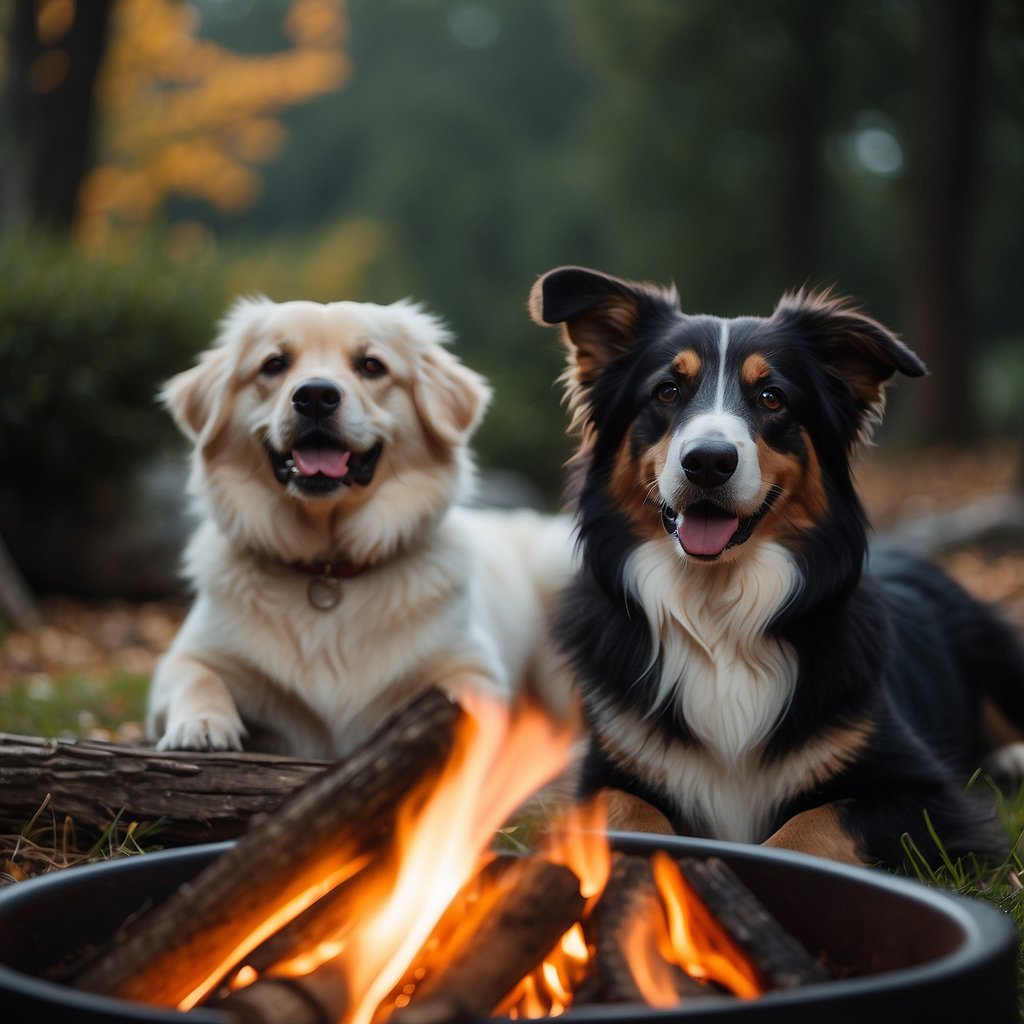A group of dogs of various breeds and sizes gather around a campfire, symbolizing the diversification of dog ownership throughout history
