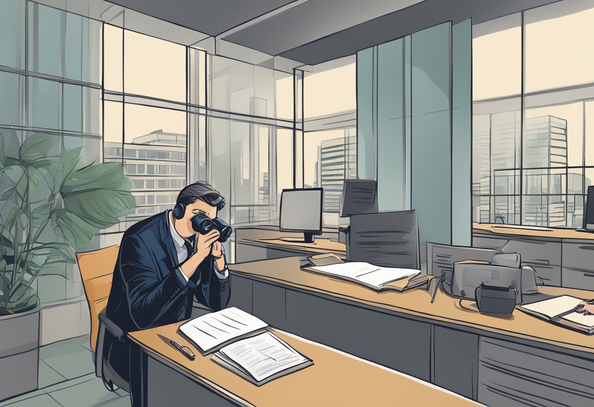 A figure hiding behind a corner, peering through binoculars at a rival's office building, while taking notes in a small notebook
